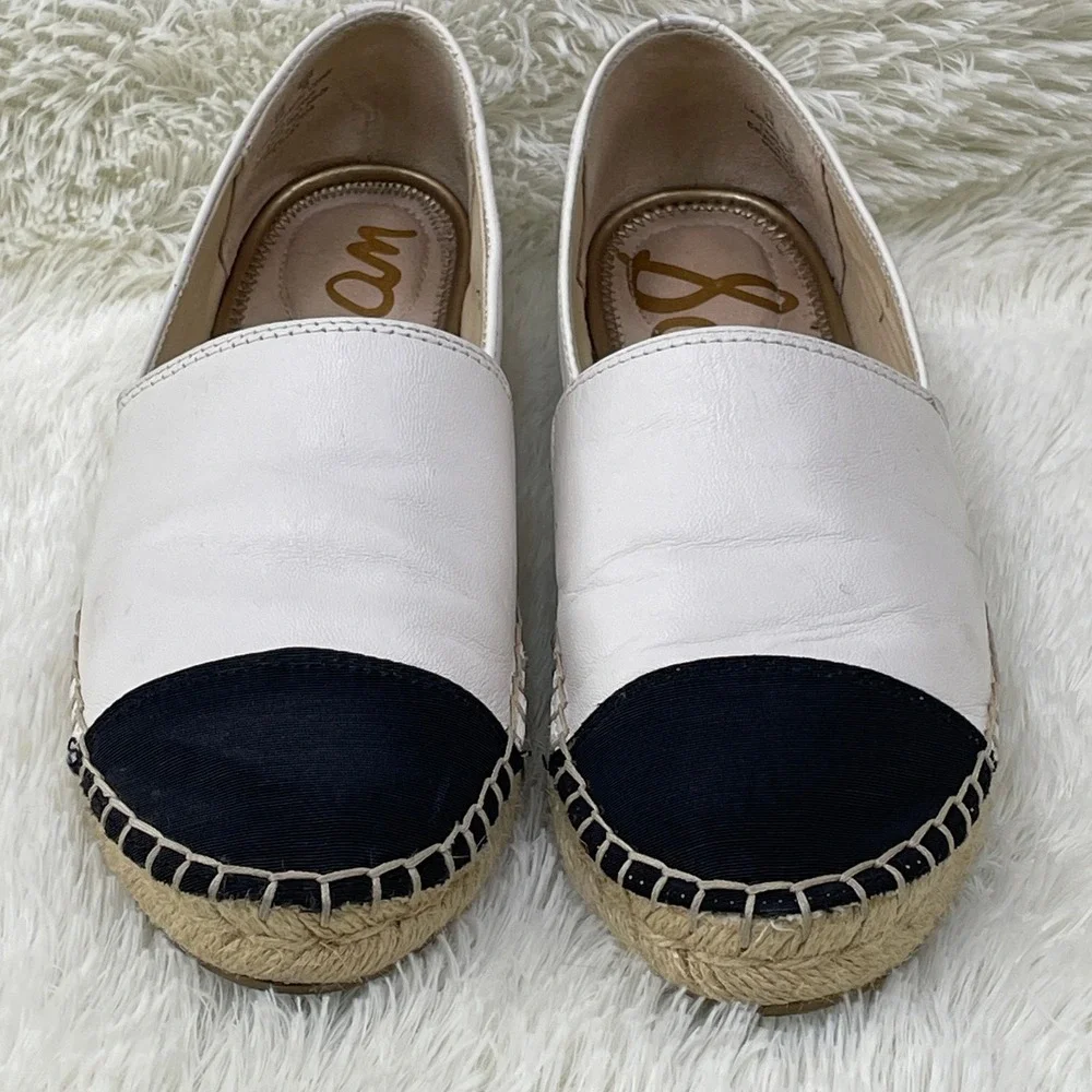 Sam Edelman Krissy Espadrille Women 8 White Black‎ Good Cap Toe Leather Flats
